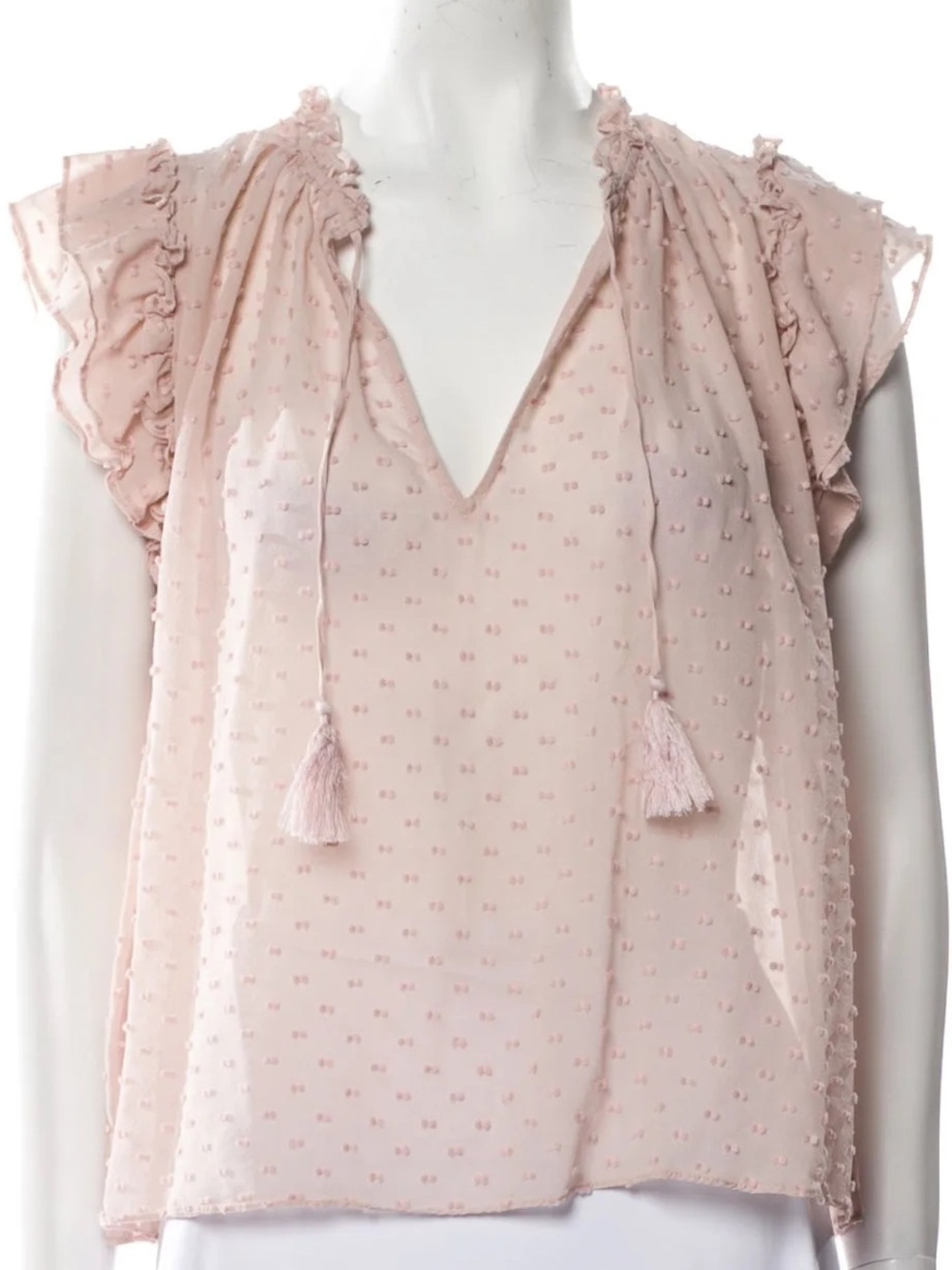 Ulla Johnson Reine Tassel Swiss Dot Ruffle Tie-Neck Top Sz-6